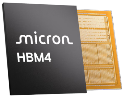 Micron HBM4 chip with visible gold circuitry